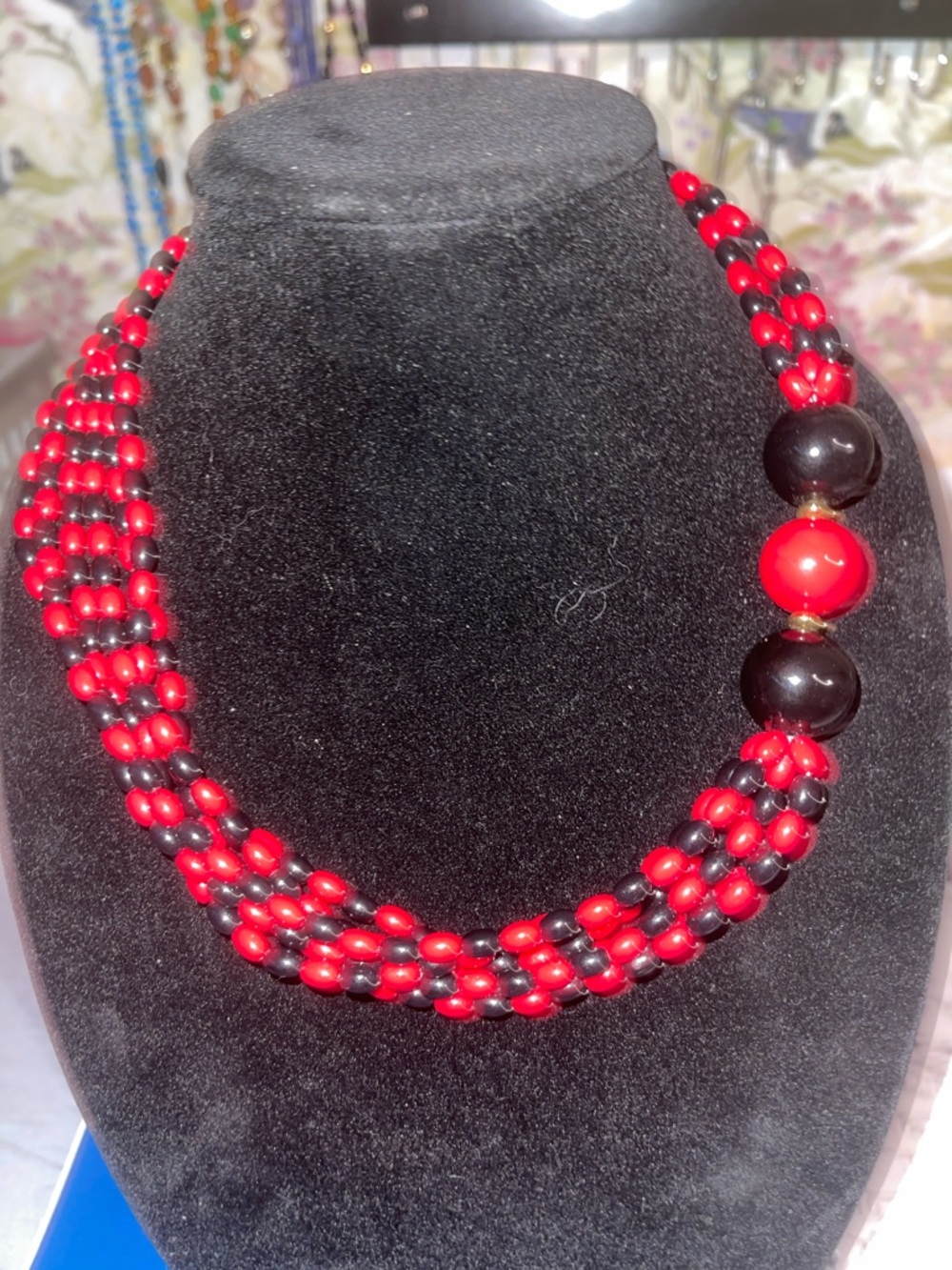 Bold Red and Black Braided Beaded Necklace